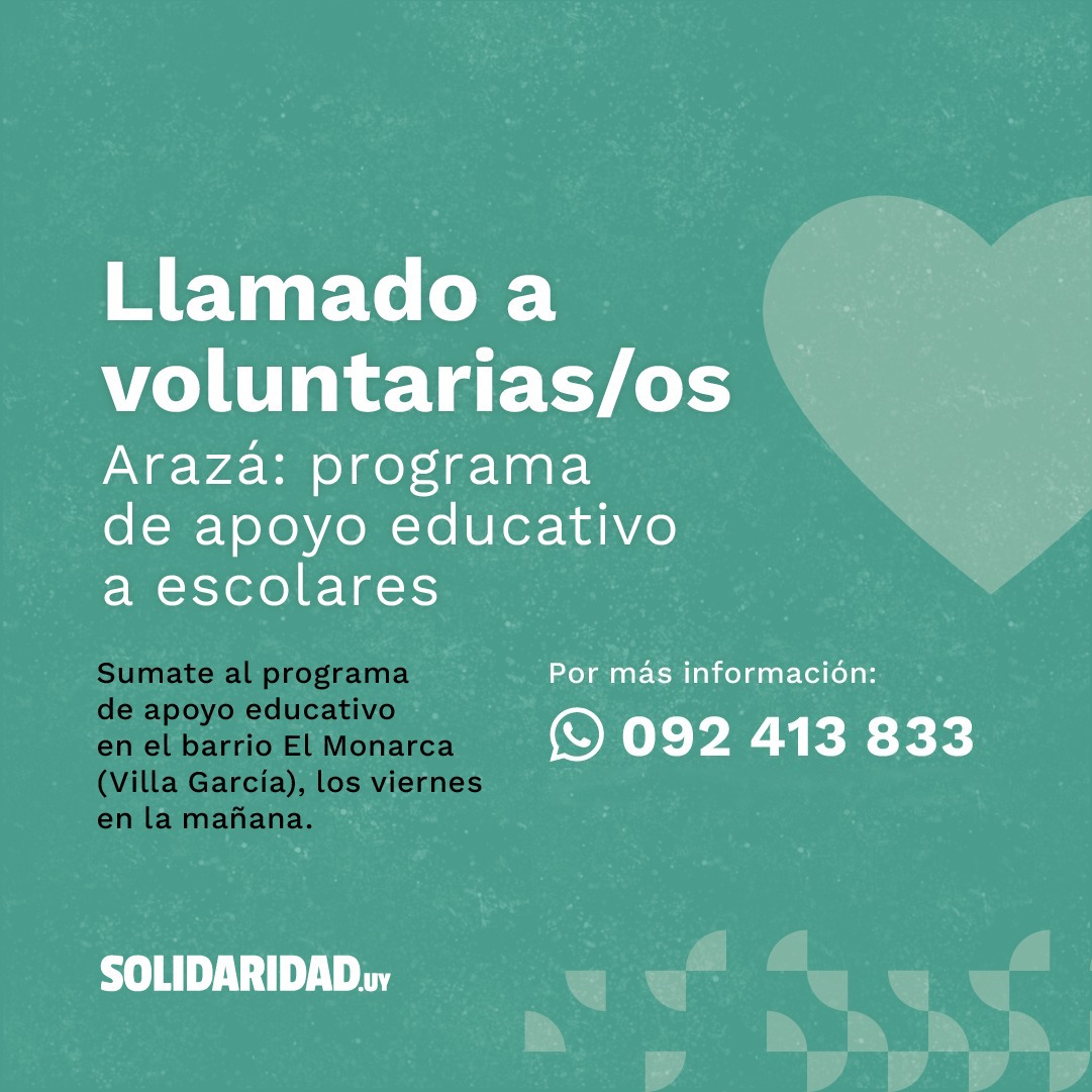 solidaridadUY's tweet photo. 💚 Sumate al programa Arazá: Apoyo educativo a escolares. 

📍 En el barrio El Monarca (Villa García)
🕘 Viernes en la mañana

👉 Por más información podés escribir al WhatsApp: 092 413 833 https://t.co/oZtR0vZ0Ck