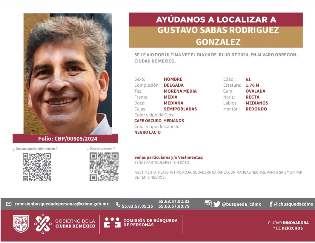 busqueda_cdmx's tweet photo. Solicitamos su colaboración para la localización de GUSTAVO SABAS RODRIGUEZ GONZALEZ, persona vista por última vez el 04 de julio del 2024 en la alcaldía ALVARO OBREGON.
¿Tienes información? ¡Comunícate a los teléfonos!
55 6357 8079,
55 6357 9282.
#HastaEncontrarte
#BúsquedaCDMX https://t.co/EMkA5jvNNQ
