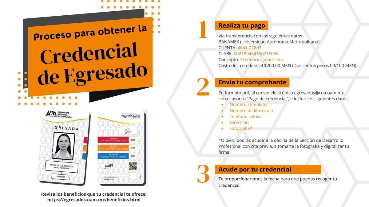 uamcuajimalpa's tweet photo. ¡No lo olvides! Ya puedes tramitar tu credencial de #EgresadoUAM
Envía un correo a egresados@cua.uam.mx y con gusto te enviaremos todos los detalles.
#SoyUAM https://t.co/qKo7ACYNB8