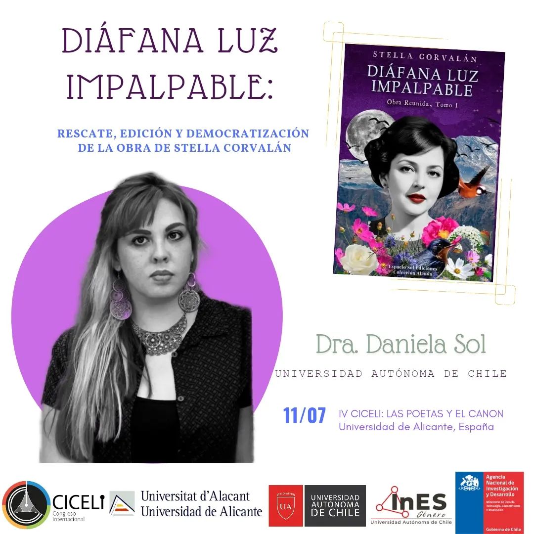 Genero_VRID's tweet photo. #ProgramaAutónomas ♀️ Las doctoras Daniela Sol y Vanessa Araya F. de la @autonomadechile participarán en la mesa "Las poetas y su incorporación al canon" del IV Congreso CICELi, que se realizará en la @UA_Universidad,  donde hablarán de la vasta obra de Stella Corvalán 🏛️📚 https://t.co/25hH9djfGM