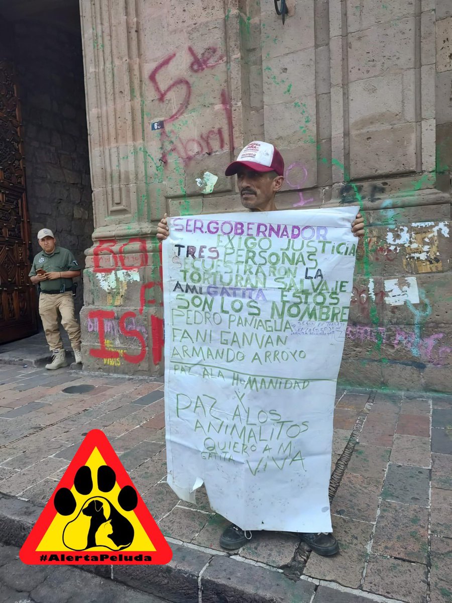 MundoPatitas's tweet photo. Un adulto mayor se manifestó afuera de Palacio de Gobierno @MoreliaGob por el cruel as3sinato de su gatita. 

Con una pancarta y el enojo en sus palabras exigió al gobierno del estado JUSTICIA, por la muerte de su compañerita peluda y expuso los nombres de los responsables. https://t.co/KyMbYUGwxh