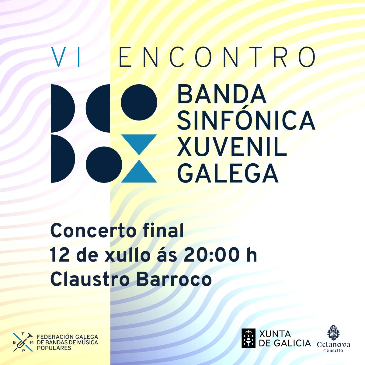 FGBMP's tweet photo. 🎵🎺🥁 Unha noite de música 🎵🎺🥁

Hoxe venres, tes unha cita coa Banda Sinfónica Xuvenil Galega no Claustro barroco do Mosteiro de Celanova no seu concerto final.

E ademais, estrearán «Lembranzas», composta por @PereSanzAlcover e premiada no Concurso Galego de Composición. https://t.co/zV4tlDZZ0u
