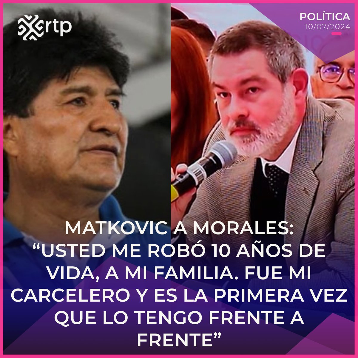 rtp_bolivia's tweet photo. #RTPInforma
🚫📃El representante de la Alianza #Creemos, Zvonko Matkovic Ribera, protagonizó un tenso momento durante el encuentro multipartidario e institucional por la democracia convocado por el Tribunal Supremo Electoral (#TSE). Durante su intervención, #Matkovic se dirigió a Evo Morales y lo calificó de “carcelero”.

La mañana de este miércoles, el TSE convocó a 11 organizaciones políticas con reconocimiento en el Órgano Legislativo. Al encuentro también sumó a las dos alianzas que tienen representación parlamentaria en la Asamblea Legislativa Plurinacional (ALP).

✏Durante su intervención, Matkovic remarcó que “no solo vengo como representante de la Alianza Creemos. Vengo en representación de las personas que han sido perseguidas políticamente, personas que han sido detenidas para hacer política sin importar el costo que eso tiene”.

Instantes después, y mirando al frente, se dirigió “al señor Morales” para señalar que “es primera vez que tengo a mi carcelero enfrente”.

Matkovic culpó a #Morales por el tiempo que pasó en prisión preventiva mientras se desarrollaban las investigaciones por el caso terrorismo.

“Usted, señor Morales, me robó 10 años de vida, me robó a mi familia y usted me robó a mi hijo”. Hizo el recuento.

👉Lee la nota completa en el siguiente enlace:
https://t.co/0nj6OU8nRs
