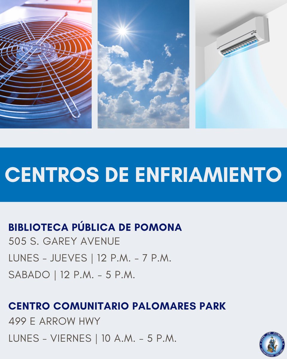 Beat the heat by visiting our designated cooling centers!
Stay safe with these heat tips:
💧 Drink plenty of cool water (don't drink 48oz +
🧴 Wear sunscreen
🏠 Stay indoors or under shade
👕 Wear light &amp; loose clothing
🐾 Keep your pets indoors

#cityofpomona #beattheheat