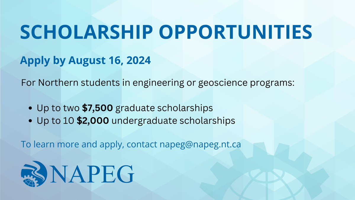 NAPEG_North's tweet photo. The NAPEGG Education Foundation’s 2024 Scholarships are now open! Post-secondary students from the NWT and NU enrolled in full-time undergraduate and graduate engineering and geoscience programs at a recognized university are encouraged to apply: https://t.co/MIaMDdUaeK https://t.co/fw7r6PFrKt