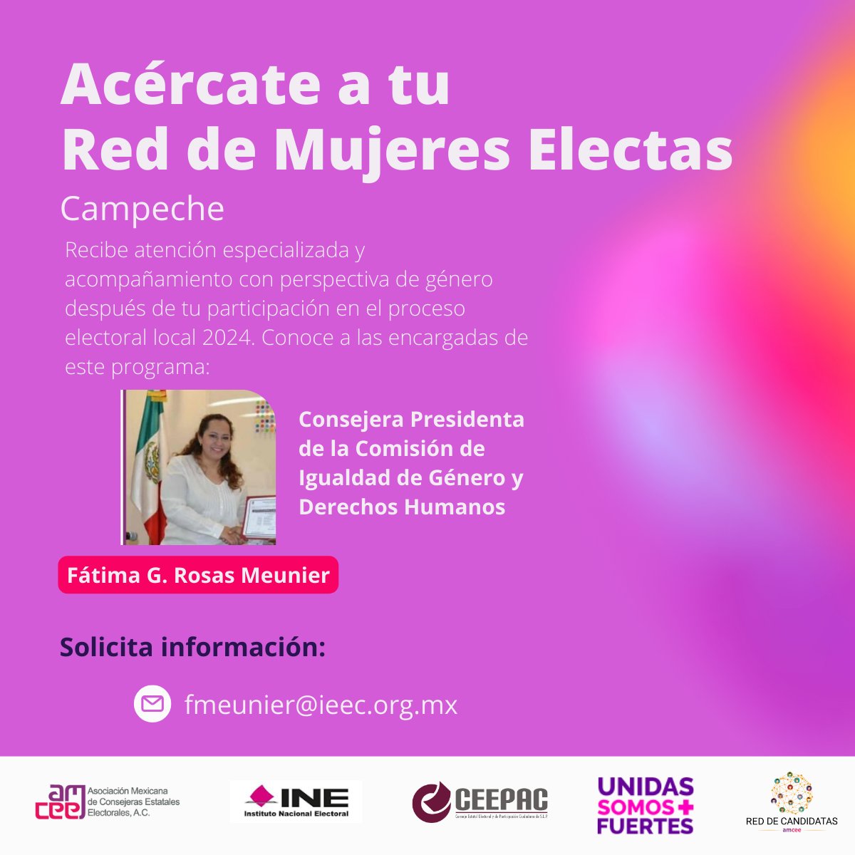 AMCEE_Mx's tweet photo. La Red de Mujeres Electas tiene como objetivo brindar acompañamiento y orientación en casos de #VPMRG.

Si estás en #Campeche acércate a @FatimaMeunierR, consejera electoral encargada del programa en este estado 🙋‍♀️ https://t.co/C5xr5lOqfY