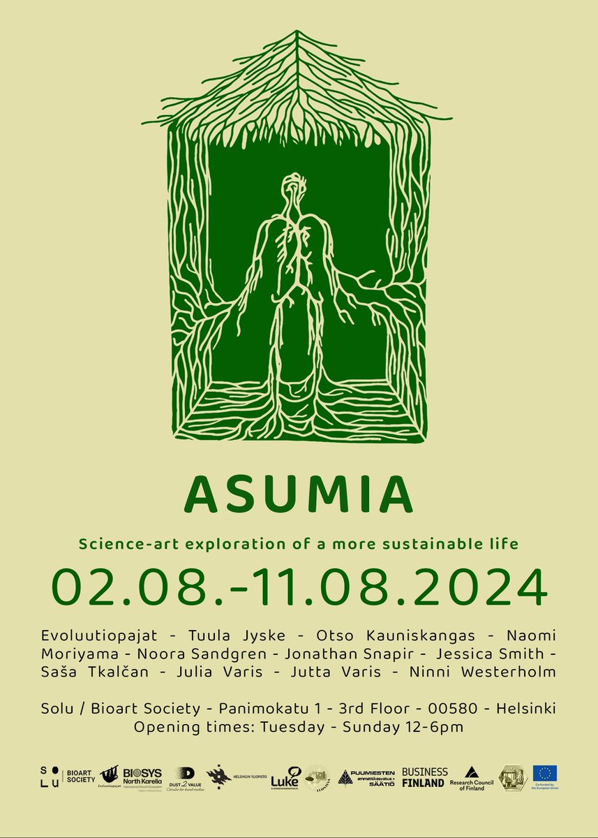 TJyske's tweet photo. Welcome to ASUMIA 2.-11.8.: science-art exhibition on symbiotic relationships between the built environment and organisms living in it, as well as their effects on #wellbeing of humans &amp; other species 💚
@AgriForHelsinki @ForestSciences @helsinkiuni @LukeFinlandInt #wood #science https://t.co/xdFFqFQK1C