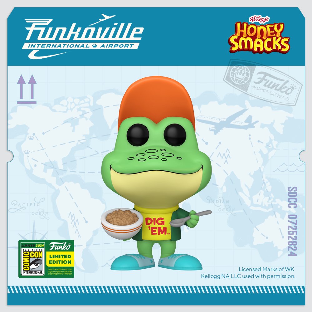 Serlentpops's tweet photo. Funko reveals SDCC 2024: Honey Smacks- Dig'em Frog
#funkoville #funkovilleinternationalairport

#Funko #FunkoPop #FunkoPops #Pop #Pops  #Serlent #SerlentPops #SDCC #SDCC2024 #SDCCExclusives #ComicCon #SanDiego #SanDiegoComicCon #FunkoFanatics #honeysmacks #digemfrog #cereal https://t.co/bBbGe71fNb