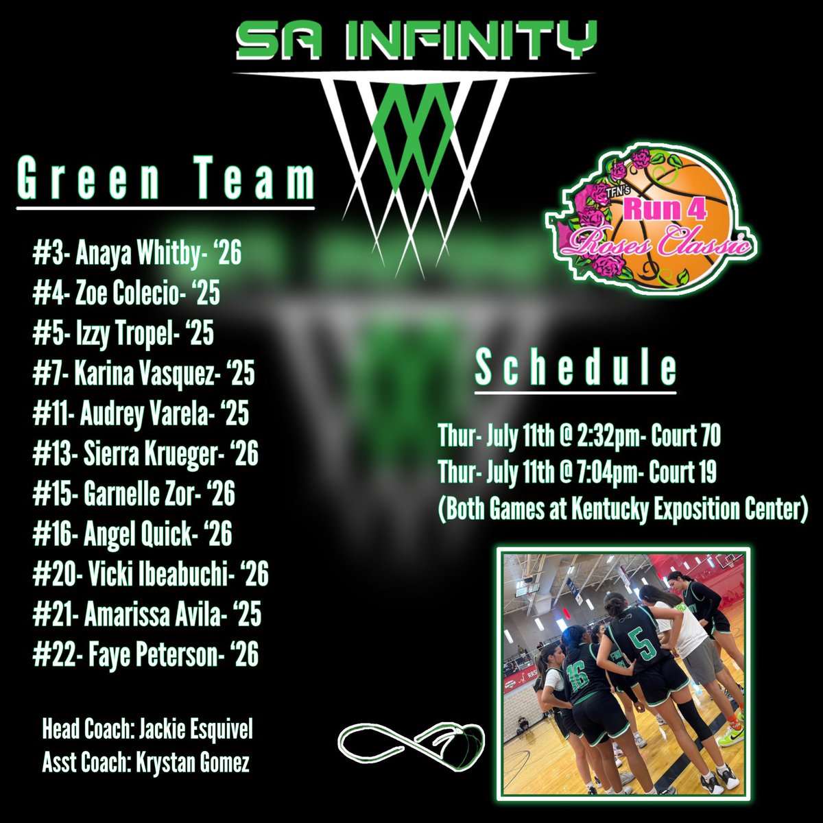 SAInfinity1's tweet photo. Pool play schedule for the girls of Green team and Black team. First event up is the Run 4 Roses Classic. Looking forward to a fun week of basketball! SA ✈️ Louisville🏀
•
#girlsbasketball #liveperiod #run4roses #sainfinitybasketball https://t.co/aZ26J1pwki