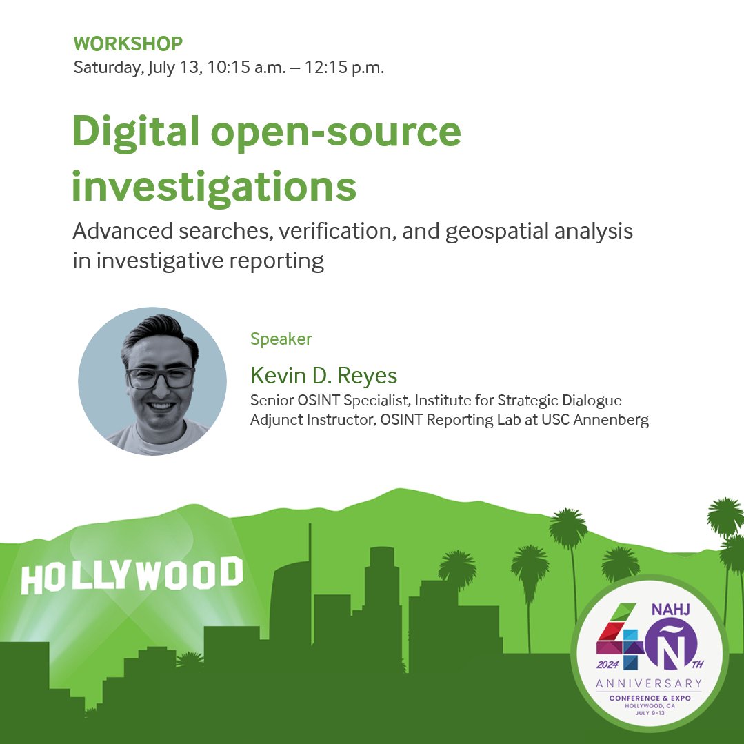 KevinDReyes's tweet photo. Come learn some #OSINT skills at my workshop this Saturday at #NAHJ2024!

#NAHJ40th #MoreLatinosInNews #NAHJTraining @NAHJ https://t.co/TGz7tGynKk