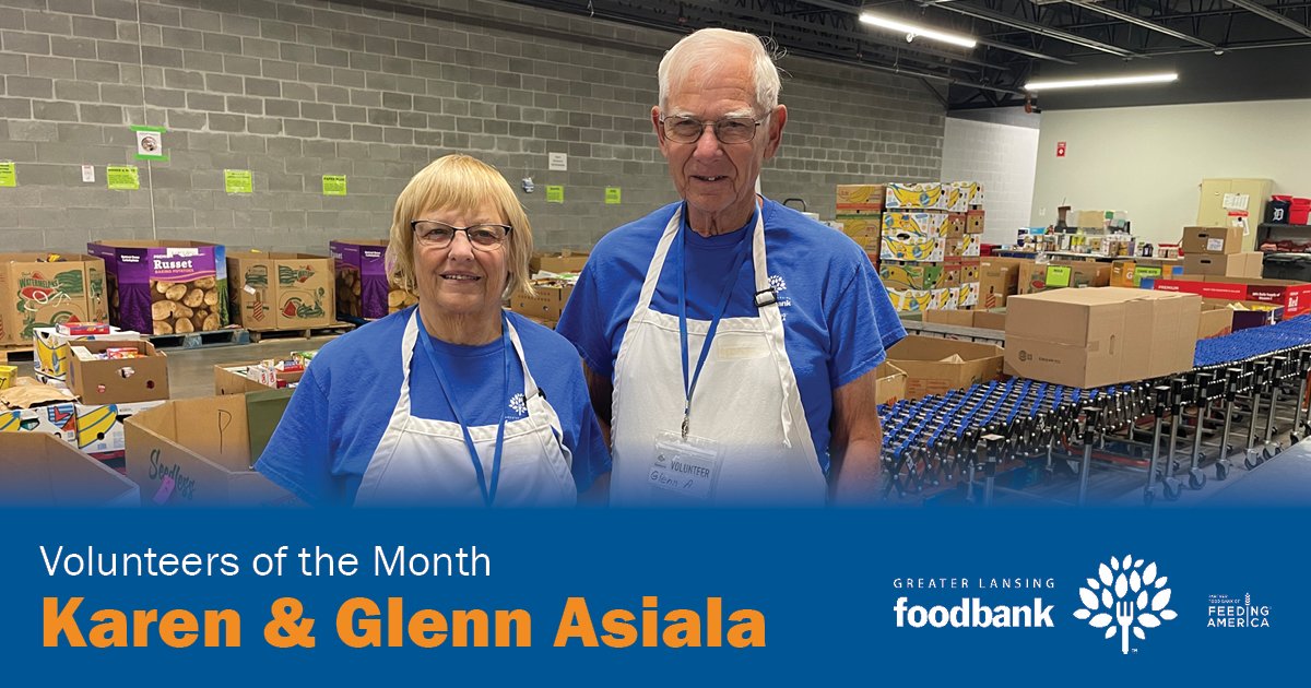 Meet June's volunteers of the month: Karen and Glenn Asiala. They have been volunteering with GLFB for more than 40 years! Thank you, Karen and Glenn, for all you do for our mid-Michigan neighbors. Read more: greaterlansingfoodbank.org/volunteer/volu…