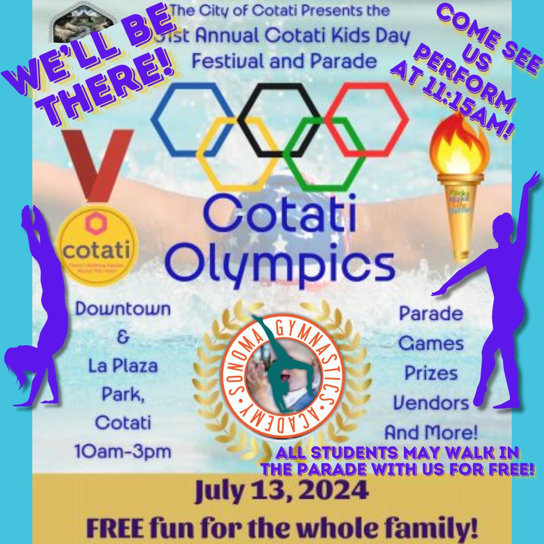SGA is proud to announce we'll be at the Cotati #Olympics!

This #FREE Kids Day Festival/Parade is on 7/13, 10:00AM! We'll be in the parade, then performing at 11:15.
Our students are welcome to join in the parade. Email info@sonomagymnasticsacademy.com for more info.
#gymnastics