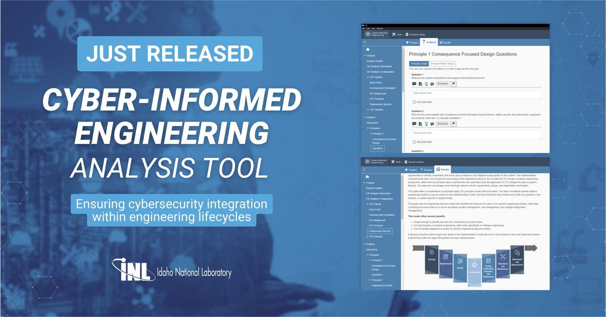 INL's tweet image. .@INL released its #CyberInformedEngineering (CIE) Analysis Tool, which translates critical questions from the CIE Implementation Guide into an interactive platform designed to ensure #cybersecurity integration throughout the system lifecycle. 🌐💻

🔗github.com/inlguy/CIE/rel…