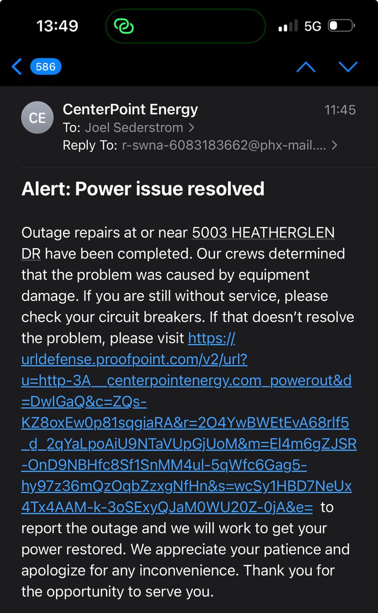 False hope! My neighbors and I received this message only to seemingly be opposite. Something is going on with their reporting perhaps? ⁦<a href="/CenterPoint/">CenterPoint Energy</a>⁩