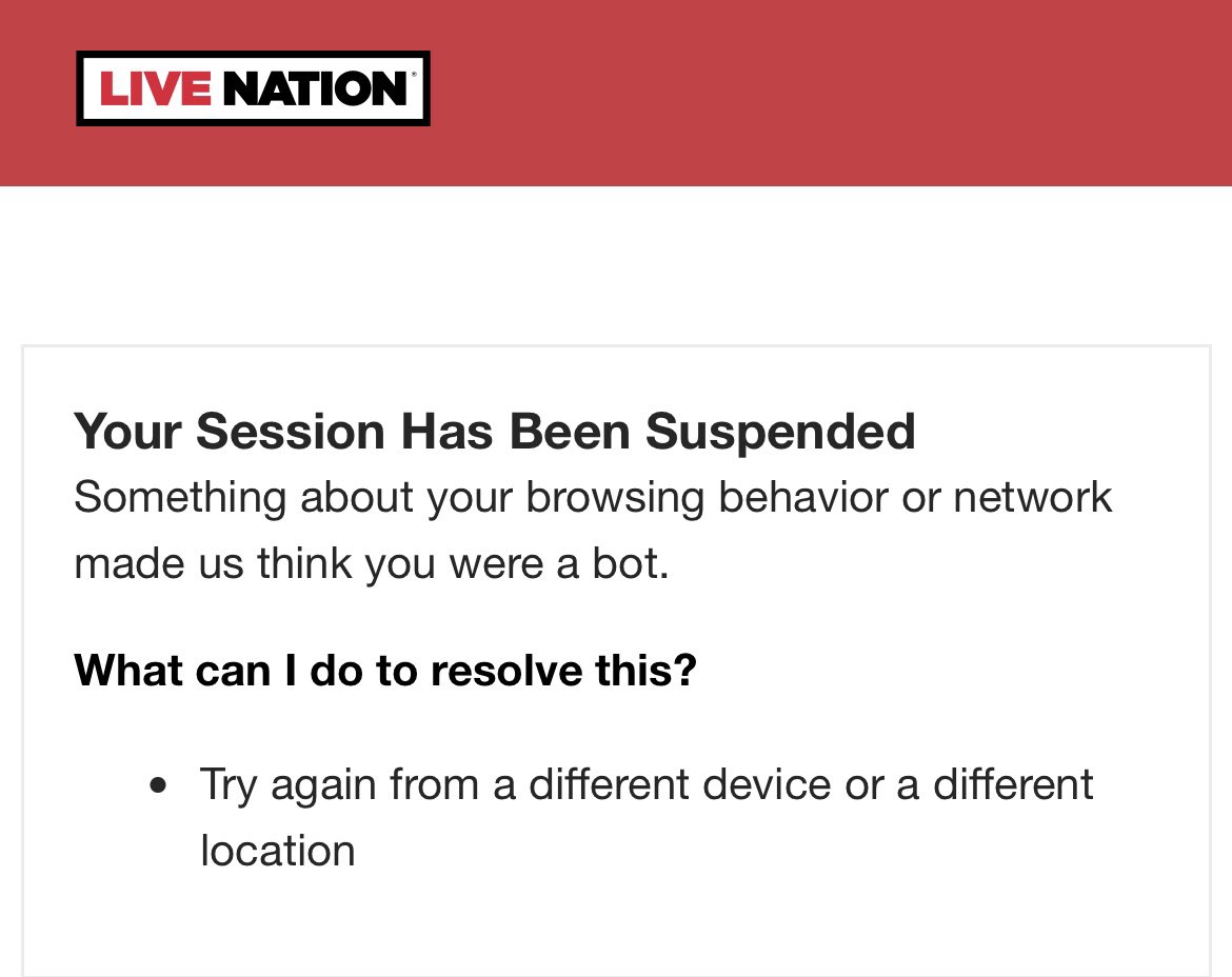 deniseUX's tweet photo. Hey @Ticketmaster @LiveNation what is going on with your continual error messages thinking I am a bot? None of your suggestions work to fix the problem. Please help! https://t.co/UBEoBlXW7S
