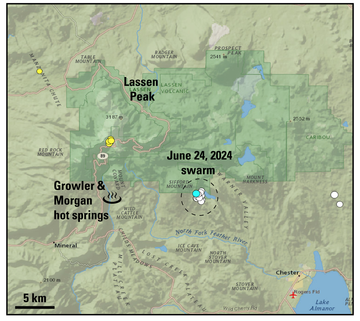 USGSVolcanoes's tweet photo. All volcanoes in California were at normal levels of activity last week. https://t.co/r5z5SQkH5l A small earthquake swarm happened in the Lassen Volcanic Center on June 24, 2024. Read about it in today's news post: https://t.co/OKiBL76v5u https://t.co/xTjD5tQIM3