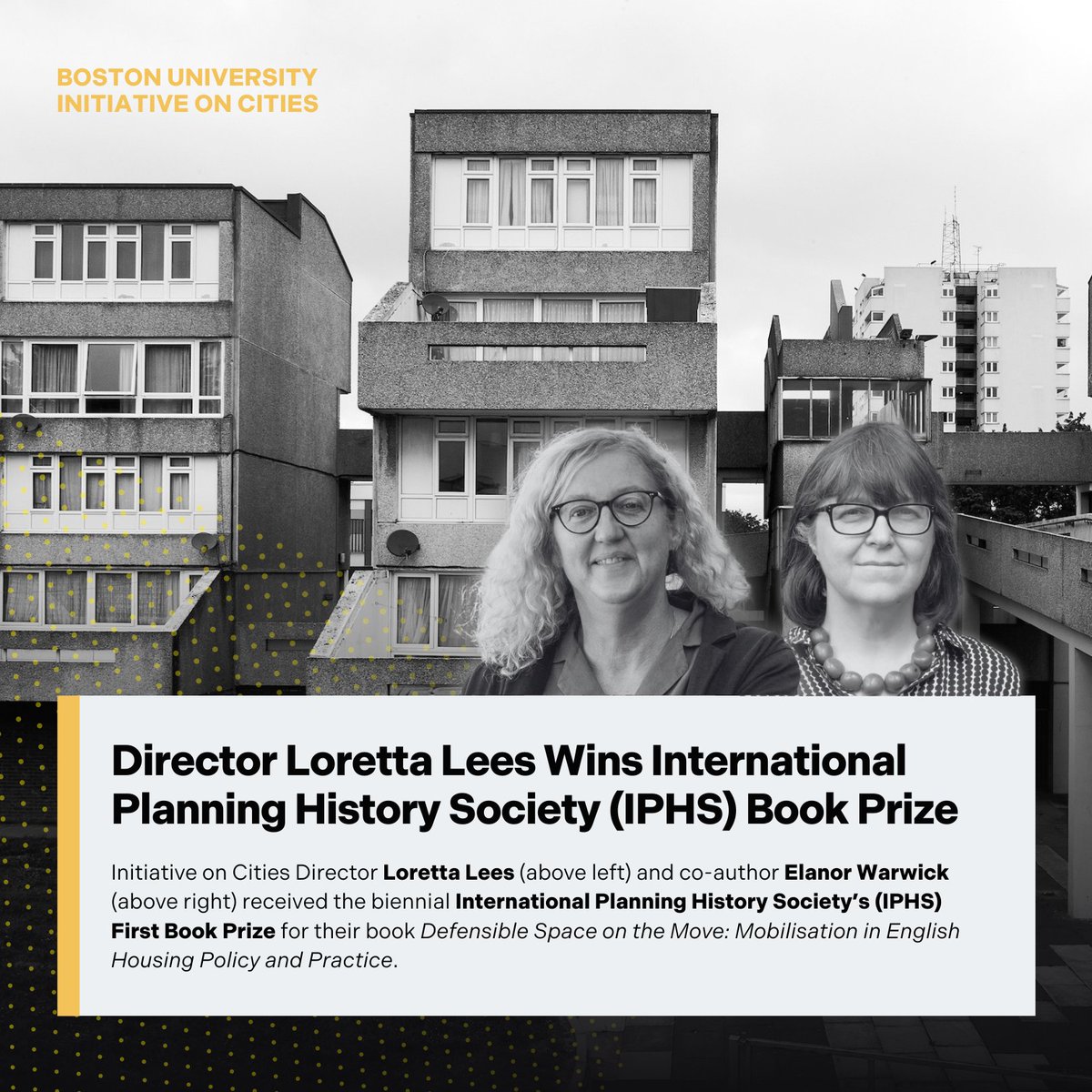 BUonCities's tweet photo. We're proud to share that IOC Director @LorettaCLees and co-author @elanorwarwick recently received the International Planning History Society's First Book Prize Award for their book Defensible Space on the Move!

Learn more: https://t.co/llGfrRigUx https://t.co/rUXnrMde6e