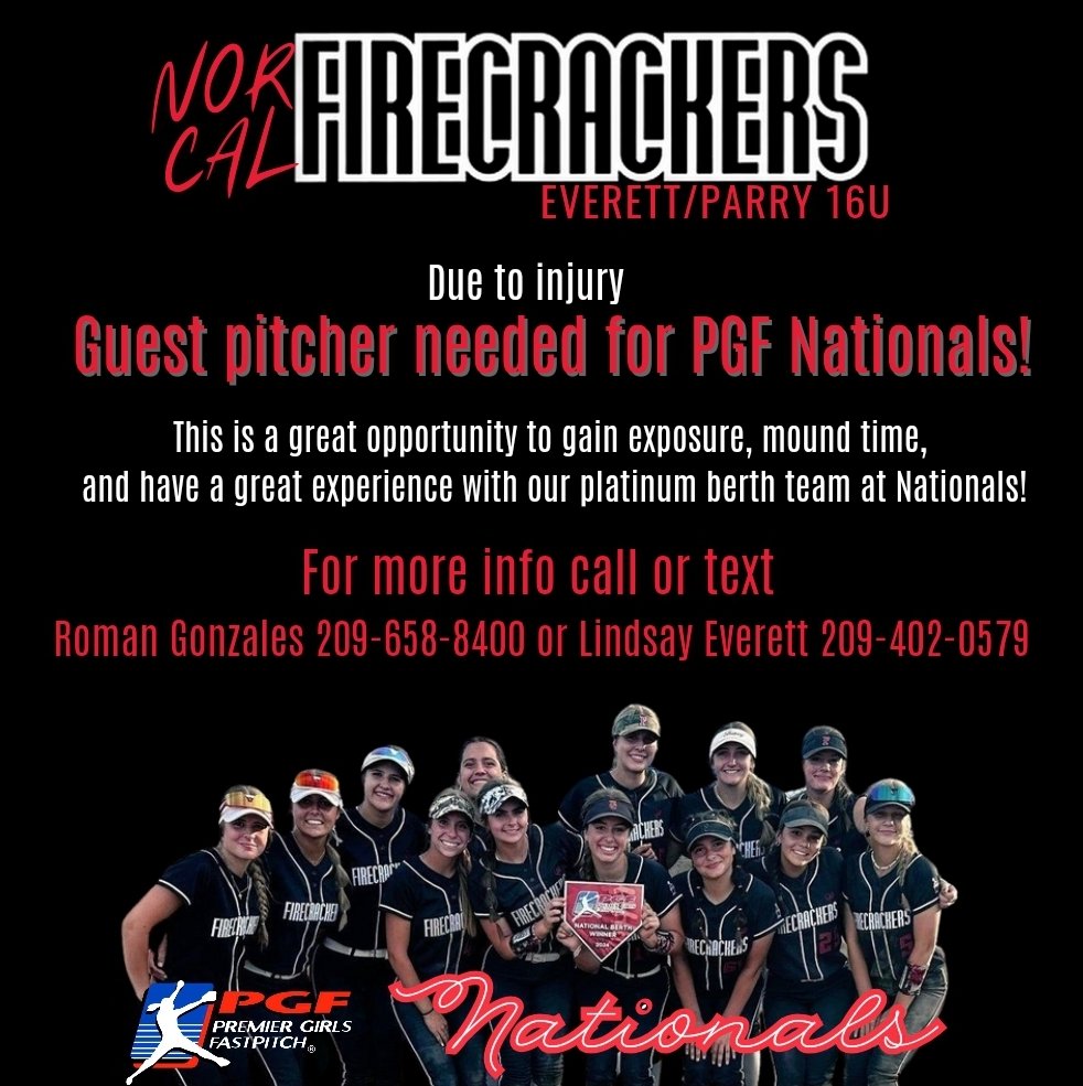Due to injury our team is looking for a guest pitcher for PGF Nationals. This is a great opportunity to get exposure, mound time and have a fun and positive experience. Dm here or use the number to call of text for more info.