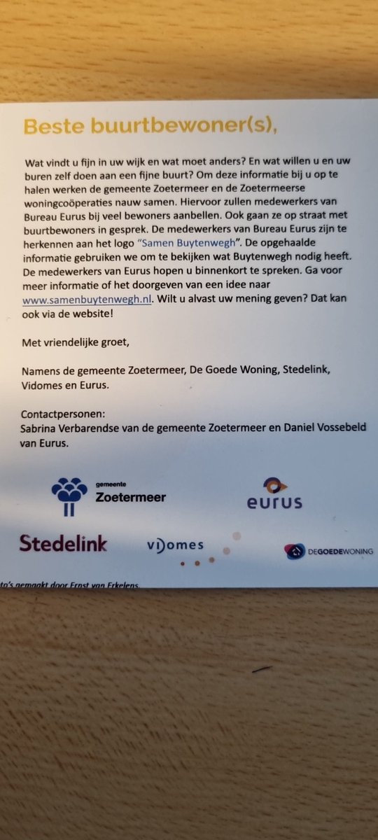 Beste wijkbewoners,

Doet u ook mee voor een fijne buurt?