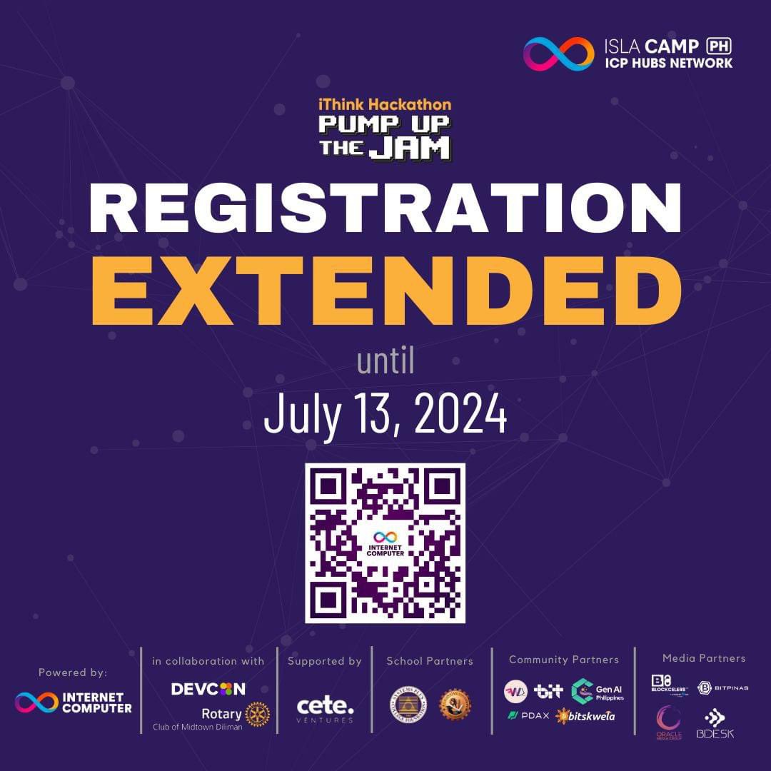 icphub_PH's tweet photo. 🚀 Great news! We've extended the registration for the #iThinkHackathon 𝐏𝐮𝐦𝐩 𝐮𝐩 𝐭𝐡𝐞 𝐉𝐚𝐦! 🎉 You now have until July 13 to join the innovation wave. 🌊

With 8 amazing teams already registered, there's still room for more creative minds to shine! 💡

Don't miss out on this incredible opportunity to build, learn, and compete for exciting prizes. Register now and be part of the action!

👉 https://t.co/OAhhxvWMyE 

#ICPHubs #BuidlTheFuture #ICPHubPH #webdev #gamedev