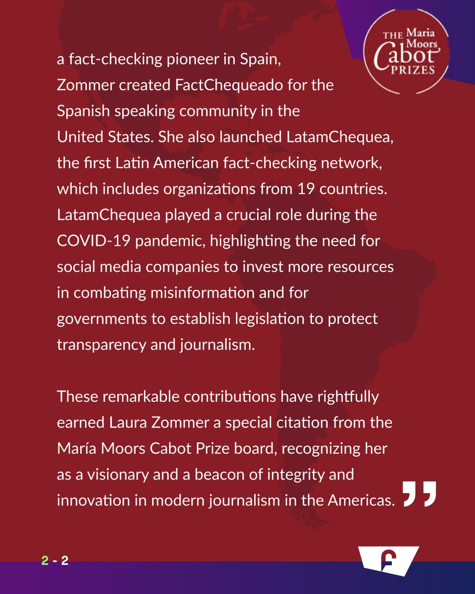 factchequeado's tweet photo. 🏅¡Gran orgullo por este reconocimiento! @lauzommer, nuestra CEO, ha sido honrada con Mención Especial María Moors Cabot Prizes. Una distinción que otorga el Comité de @columbiajourn. ¡Por primera vez se elige a un referente del fact-checking!
https://t.co/3MPL540x89
#CabotPrizes https://t.co/t8yD05XWNn