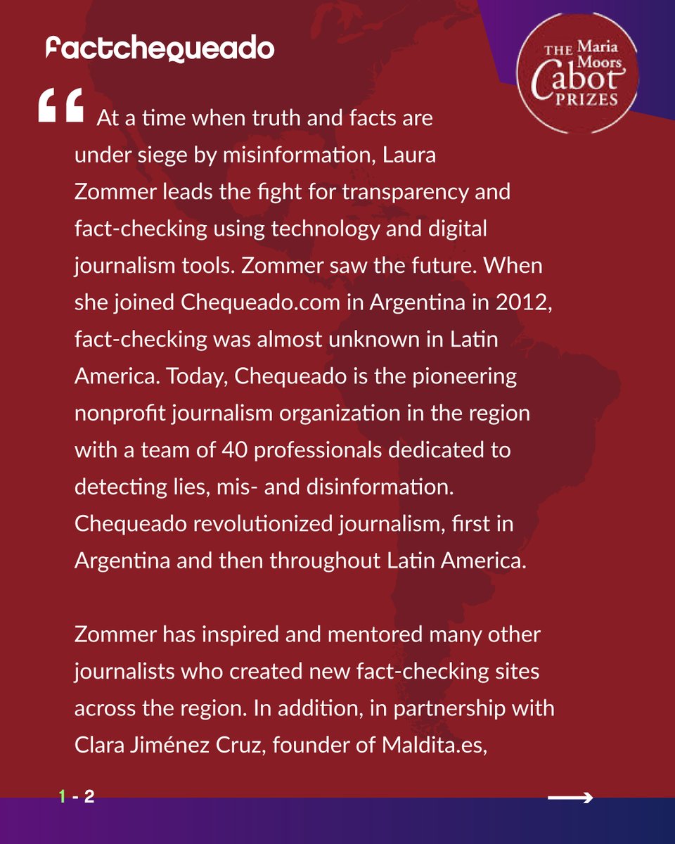 factchequeado's tweet photo. 🏅¡Gran orgullo por este reconocimiento! @lauzommer, nuestra CEO, ha sido honrada con Mención Especial María Moors Cabot Prizes. Una distinción que otorga el Comité de @columbiajourn. ¡Por primera vez se elige a un referente del fact-checking!
https://t.co/3MPL540x89
#CabotPrizes https://t.co/t8yD05XWNn