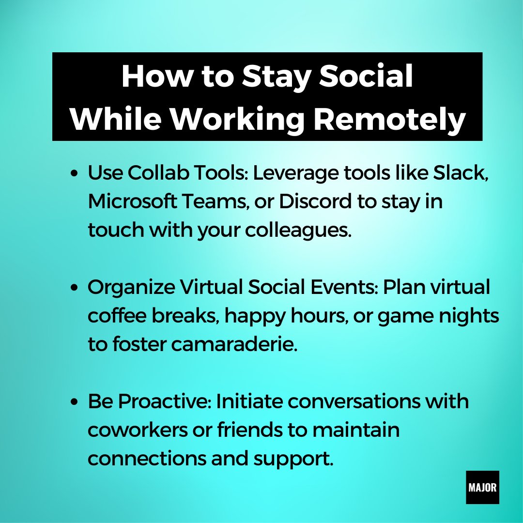 majoronestop's tweet photo. Working remotely can sometimes feel isolating. However, there are several ways that you can stay social while doing virtual work. Check out these 5 tips! 💻👀 https://t.co/eGhQlxXm9J