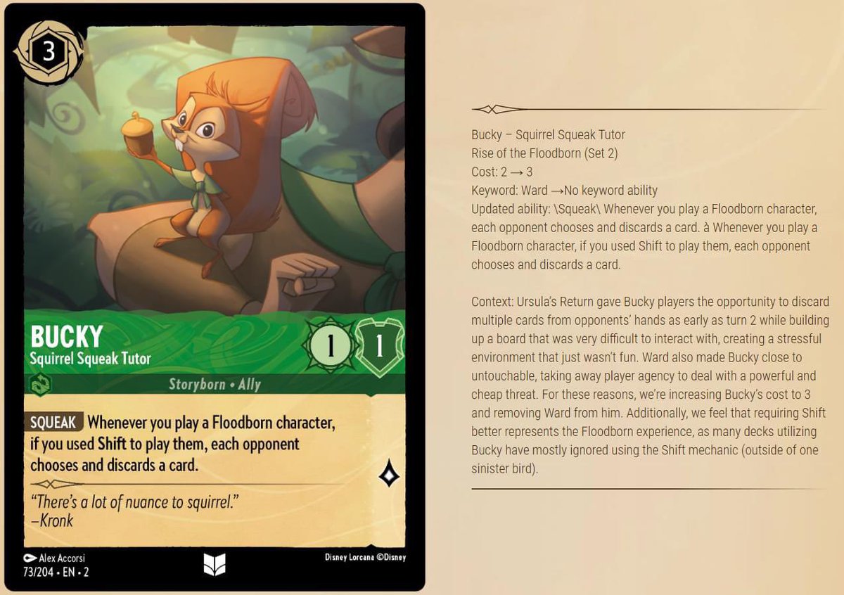Personnellement cet errate de Bucky ne me rassure pas du tout concernant la suite du compétitif à Lorcana.
Outre le fait que les game devs ne soient pas capables de rééquilibrer la carte, je ne comprends surtout pas l’intérêt de la ban seulement à la sortie du set suivant.