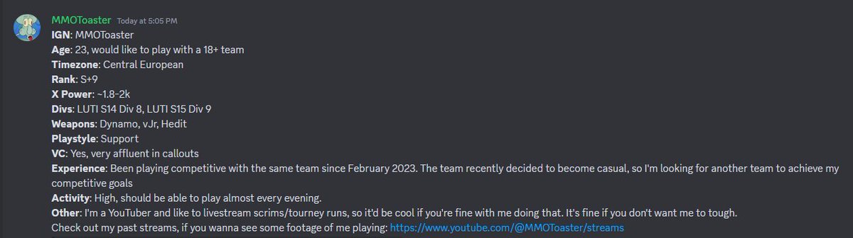 FA somewhat.
I'm still playing with <a href="/BFC_Spl/">The Breakfast Club (ON HIATUS)</a>, but we became a mostly casual team. 
Looking for another team to achieve my comp goals. 
Retweets appreciated.