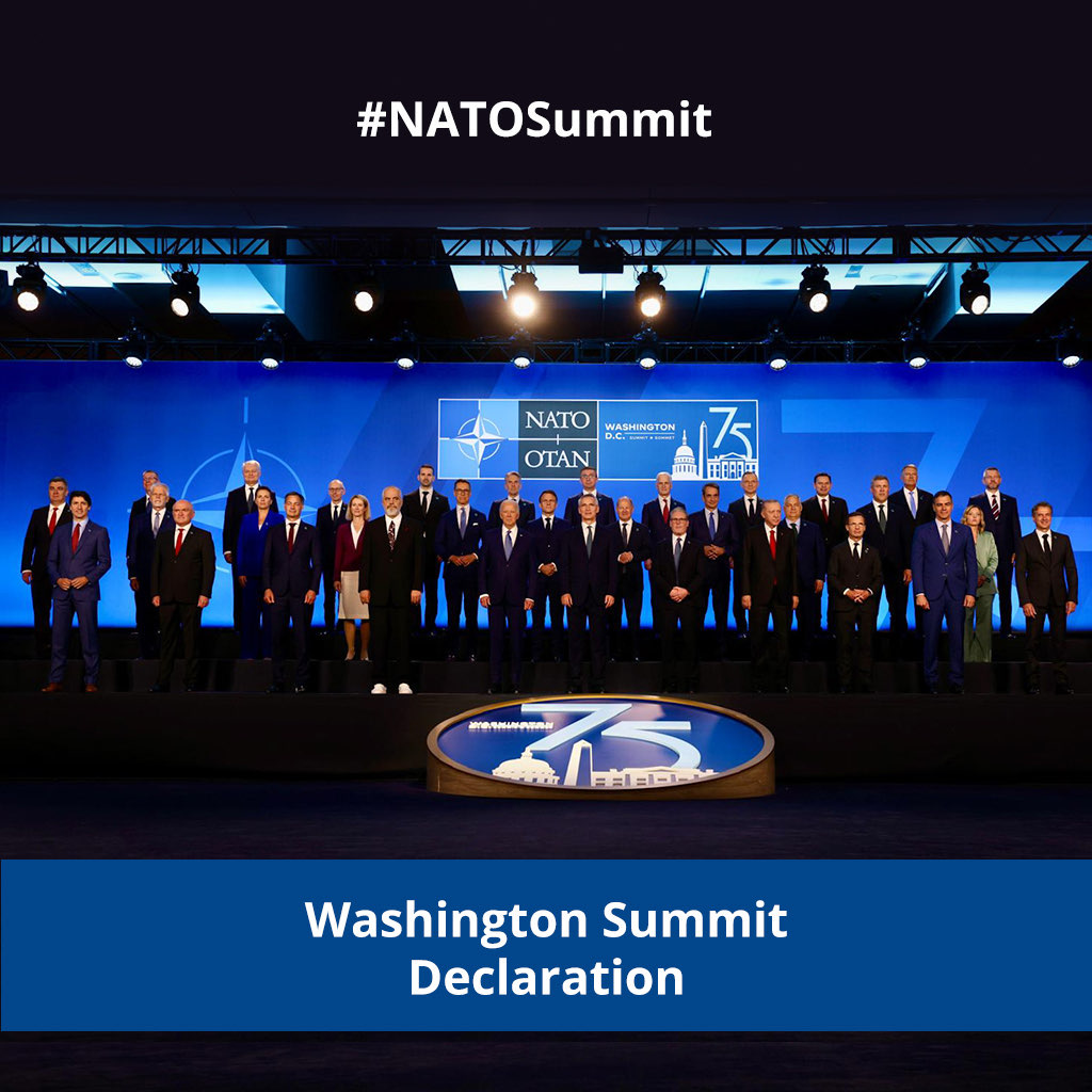 NATO's tweet photo. Washington Summit Declaration issued by the Heads of State and Government participating in the meeting of the North Atlantic Council in Washington, D.C.

#NATOSummit | #1NATO75years