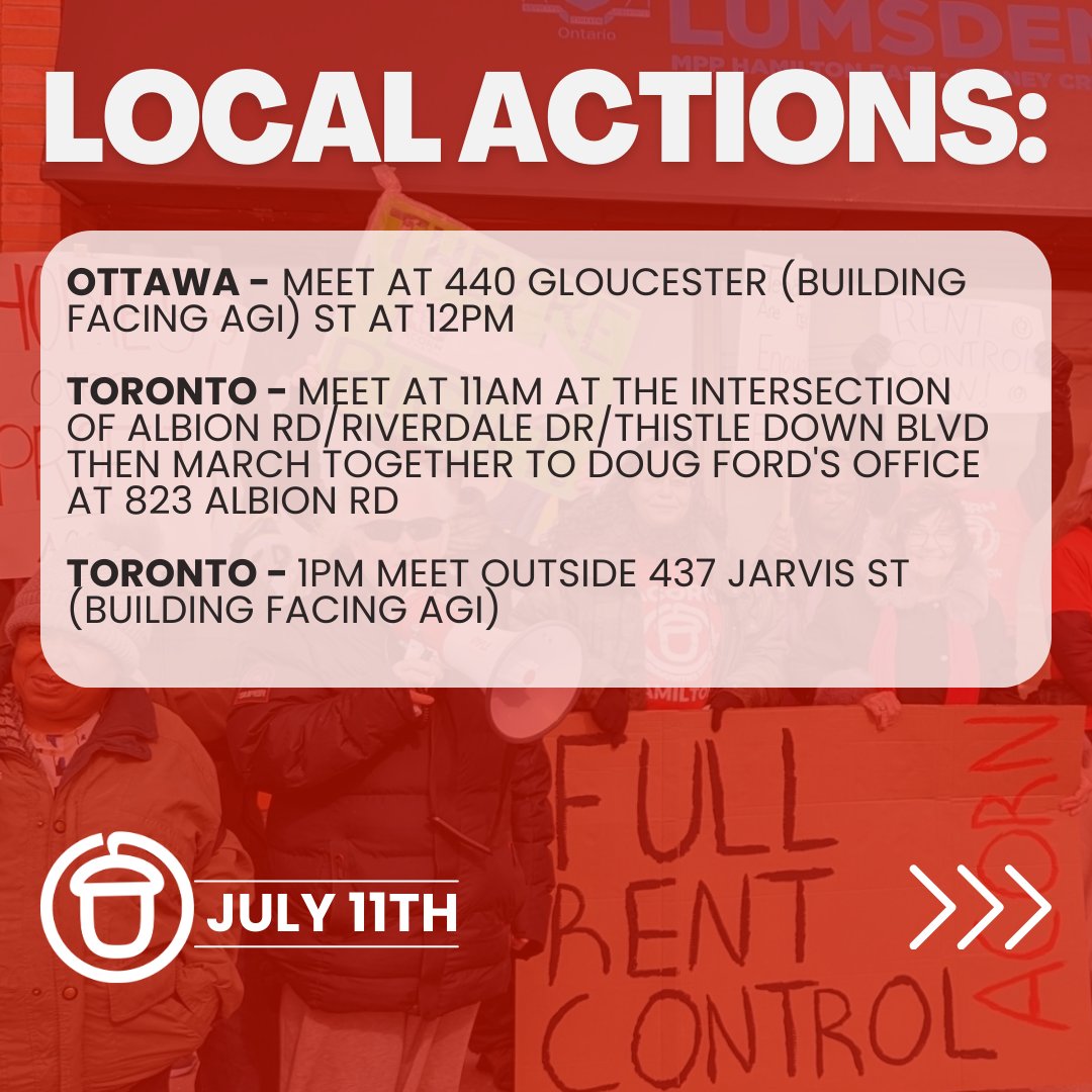 OntarioACORN's tweet photo. 📢JOIN US tmw - Thurs July 11th - as Ontario ACORN members take action 4 #FullRentControl!
Click here for action locations, online petition & more: https://t.co/VhJdfH2JHY
#PowerInNumbers
@OttawaACORN @TorontoACORN @AcornHamilton @PeelACORN @acorn_london https://t.co/5qq4kX3sQ1
