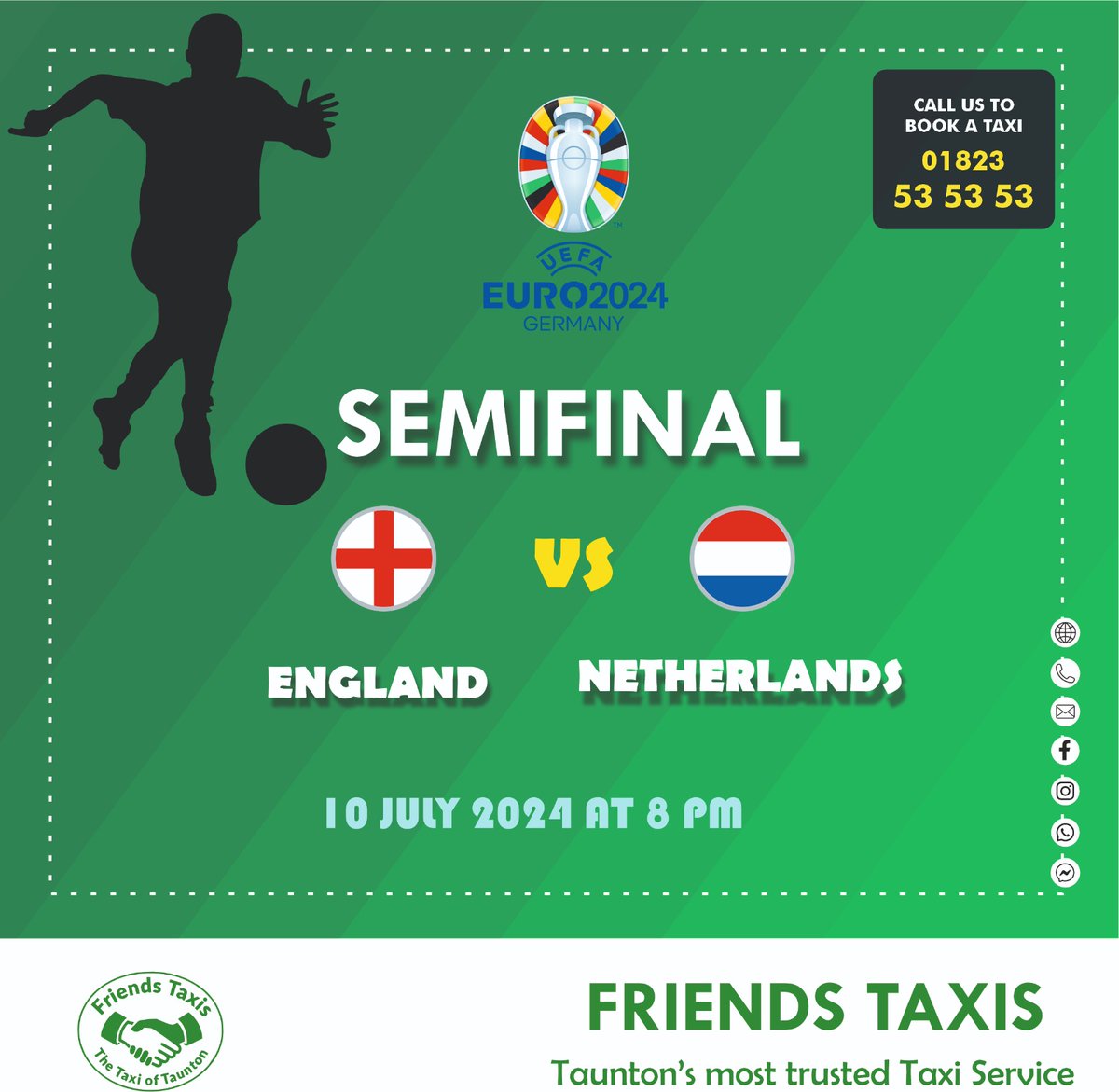 FriendsTaxis's tweet image. Let's football ⚽

Support England on Euro 2024 Semifinals 

Friends Taxis Taunton Somerset UK 

friendstaxis.co.uk

 #visittaunton #travelservice #localbusiness #supportlocal #taxi #transport #tauntonsomerset