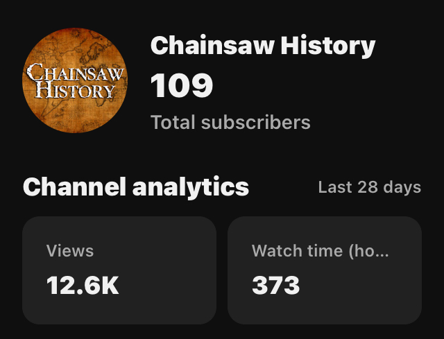 chainsawhistory's tweet photo. Holy crap we now have 100 subscribers on our YouTube channel and 1,000 follows on our TikTok. THANK YOU for helping us grow our little show and reaching new earholes and eyeballs. Tell your friends who might enjoy foul-mouthed history! https://t.co/BiNf7nku08
