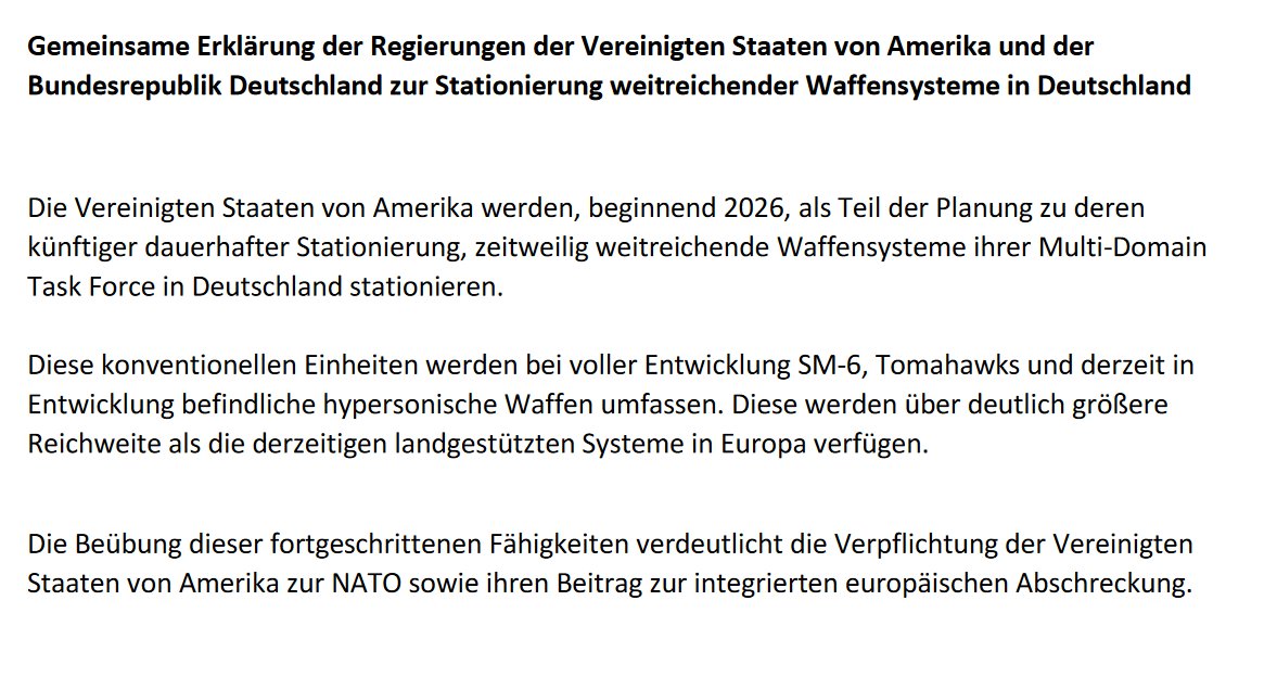 Das ist tatsächlich eine Zeitenwende, die öffentlich etwas unterzugehen scheint: Deutschland gestattet den USA erstmals die Stationierung landgestützter Waffensysteme, die früher vom INF-Vertrag verboten waren: