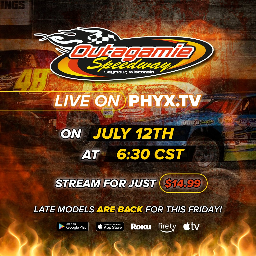 🏁 Outagamie Speedway is LIVE on PHYXTV this Friday, July 12th at 6:30 CST!
Don't miss the return of the Late Models as they hit the track for an epic night of racing action.
Stream it all for just $14.99 - visit phyx.tv

#racing #carracing #outagamie #phyxtv