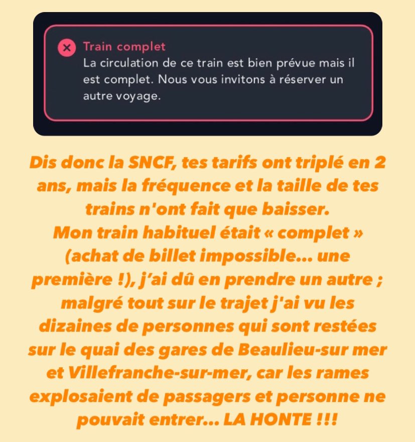 in_meuf's tweet photo. SĂ©rieux @SNCFConnect câest la honte !!
Quâavez-vous prĂ©vu pour amĂ©liorer le service aux usagers des #TerPaca ?
Pour rappel : câest la saison touristique. Dans une rĂ©gion touristique đ https://t.co/pikcRWFFeb