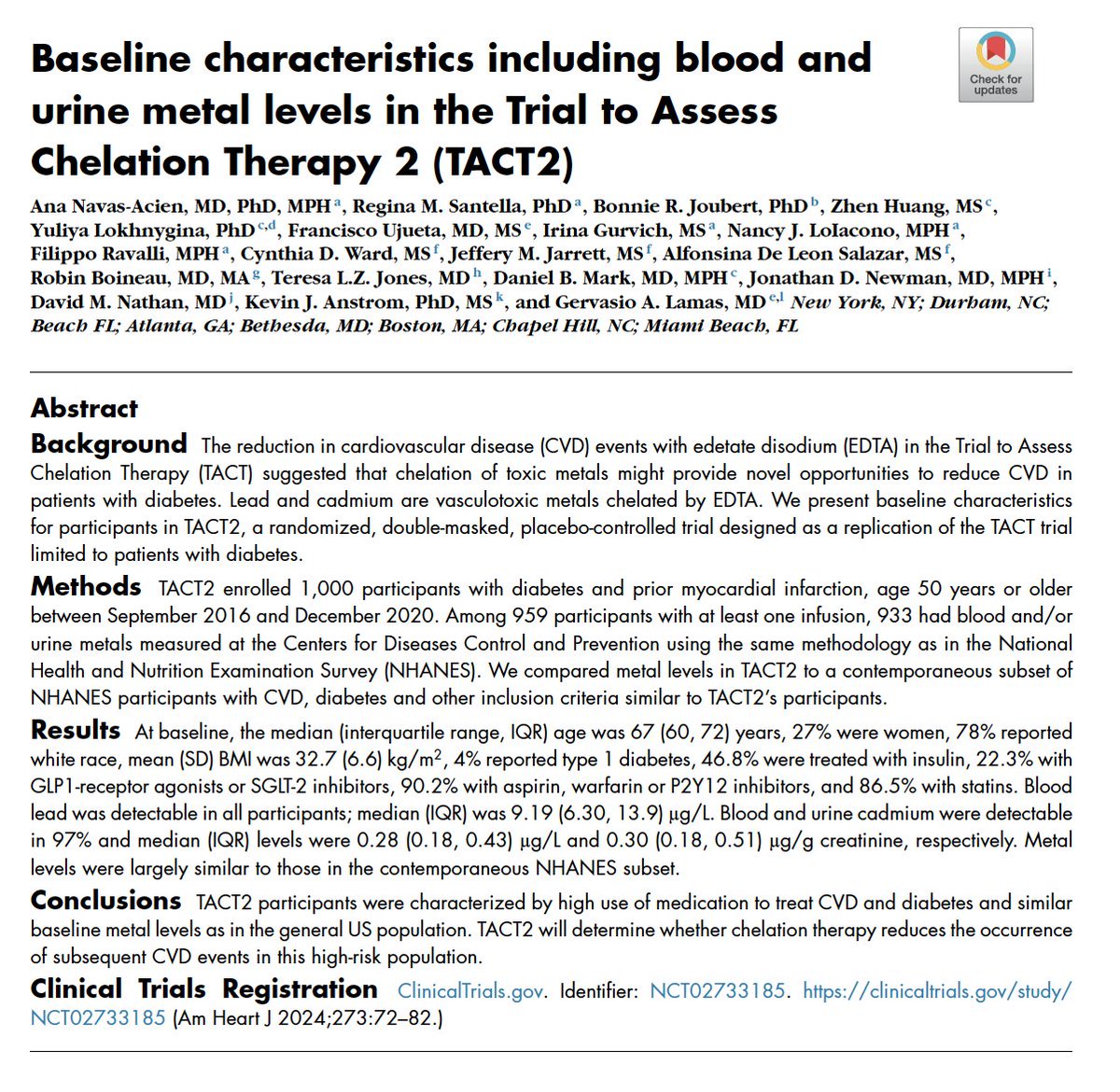 AmericanHeartJ's tweet photo. Baseline characteristics including blood and urine metal levels in the Trial to Assess Chelation Therapy 2 (TACT2)
https://t.co/iDaqc4b4HF
#Cardiology https://t.co/uotLkHYoxg