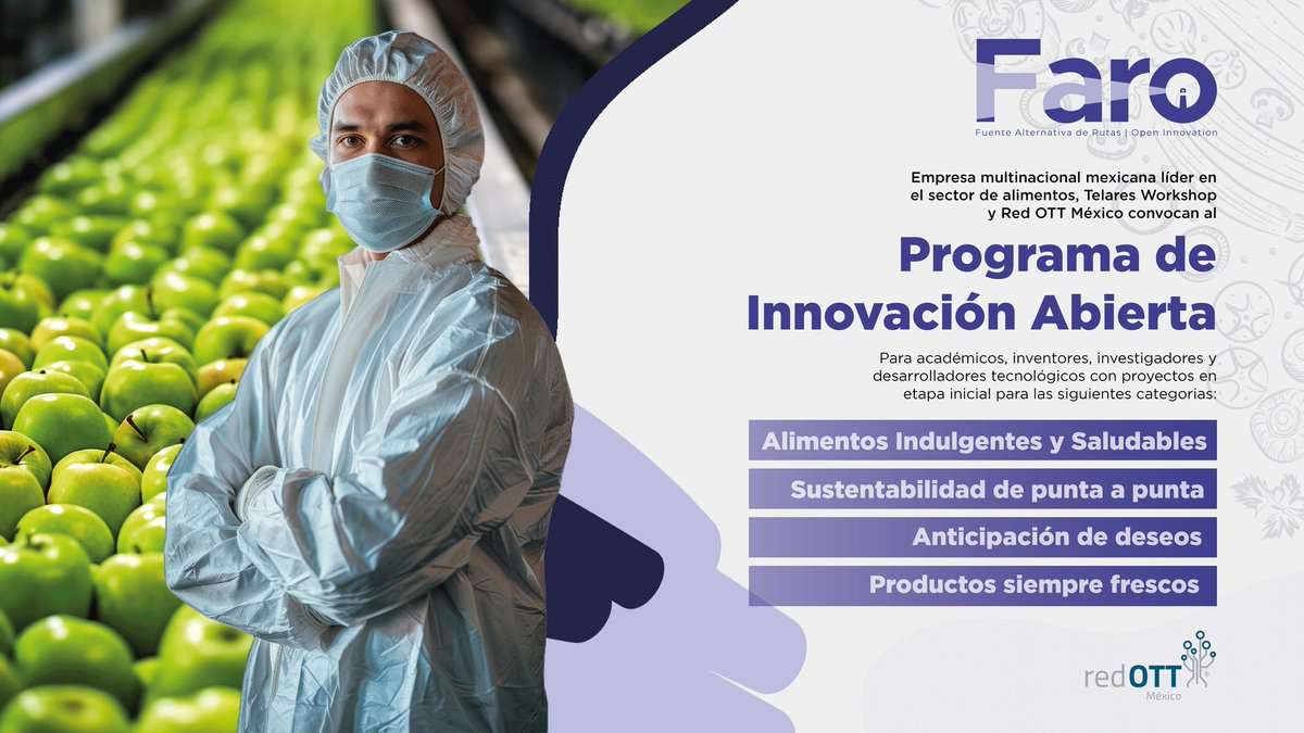 Rednacecyt's tweet photo. 👉Convocatoria para investigadores, inventores y desarrolladores: participa en FARO 2024 CONVOCA Empresa multinacional mexicana líder en alimentos, Telares Workshop y Red OTT México.
🔗 Info: https://t.co/3NTFQ5izTo
#Innovación #FARO2024 #RedOTT https://t.co/ReqIoOOkvn