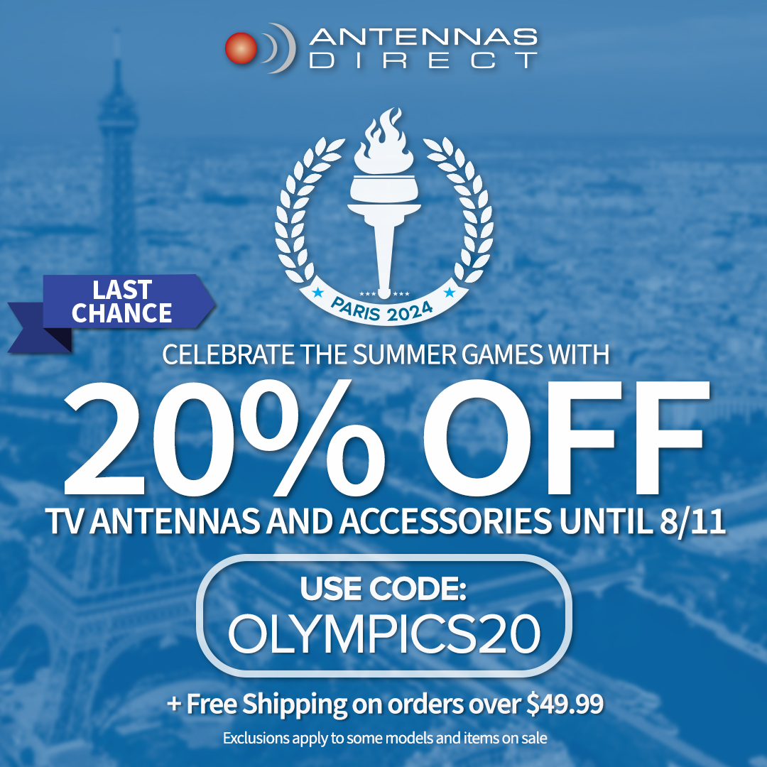 Antennasdirect's tweet image. It's your LAST CHANCE to save big with our #SummerGames promotion! Enjoy 20% off until 8/11 using code OLYMPICS20. 

Shop now ⬇️
store.antennasdirect.com/HD-TV-antennas… 

#tvantenna #Paris2024