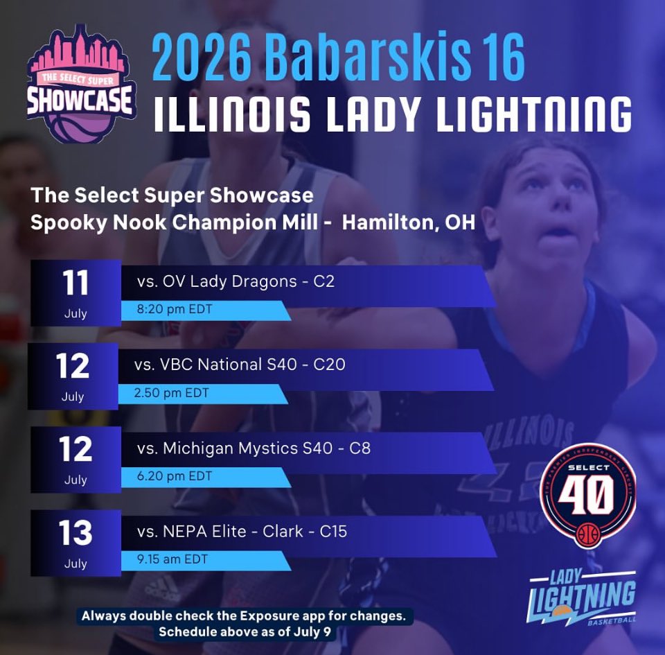 Heidi Clesen (@heidiclesen) on Twitter photo Great playing together again with my Lightning teammates. Feeling positive as we head back to Spooky Nook Ohio. Here is our schedule, please come by say hello and view our team. <a href="/LadyLightningIL/">IL Lady Lightning</a>
<a href="/SelectEventsBB/">Select Events Basketball</a> Great playing together again with my Lightning teammates. Feeling positive as we head back to Spooky Nook Ohio. Here is our schedule, please come by say hello and view our team. <a href="/LadyLightningIL/">IL Lady Lightning</a>
<a href="/SelectEventsBB/">Select Events Basketball</a>