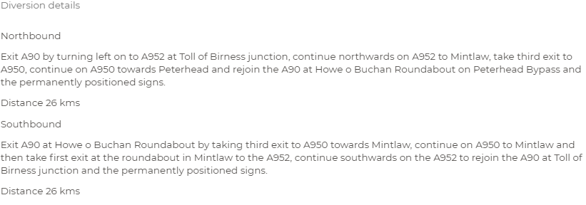 trafficscotland's tweet photo. @NETrunkRoads @AberdeenTravel UPDATE❗️⌚️20:25
#A90 - Boddam
🛑Road remains CLOSED in both directions due to flooding 🌧️
👇Full diversion details can be found below 👇
(#A950 diversion traffic can only pass using the middle of the road)
@NETrunkRoads https://t.co/Lg4BnZ08VA