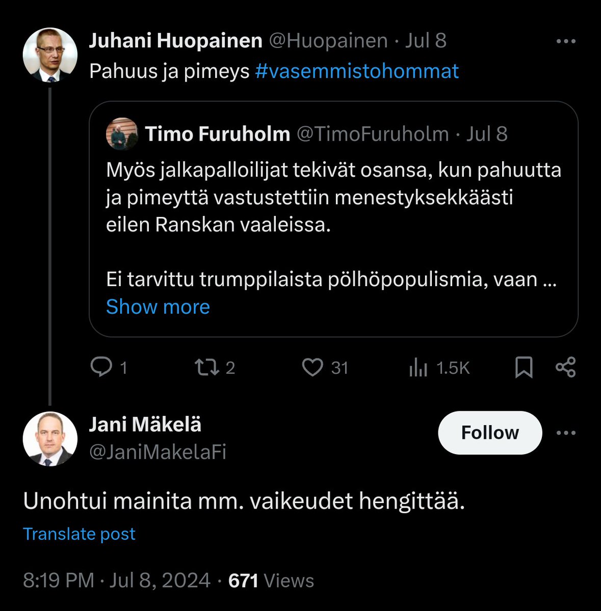 kasvismafioso's tweet photo. #AnoTurtiainen nauroi #GeorgeFloyd'in kuolemalle 2020.
Vuonna 2024 #JaniMäkelä tekee täysin samaa.
Miten tällaista käytöstä voi hyväksyä yhdeltäkään kansanedustajalta? Vielä vähemmän edk-ryhmän puheenjohtajalta.
#perussuomalaiset #käytöstavat #rasismi #sadismi #väkivalta
1/x https://t.co/wrUooW6MhD