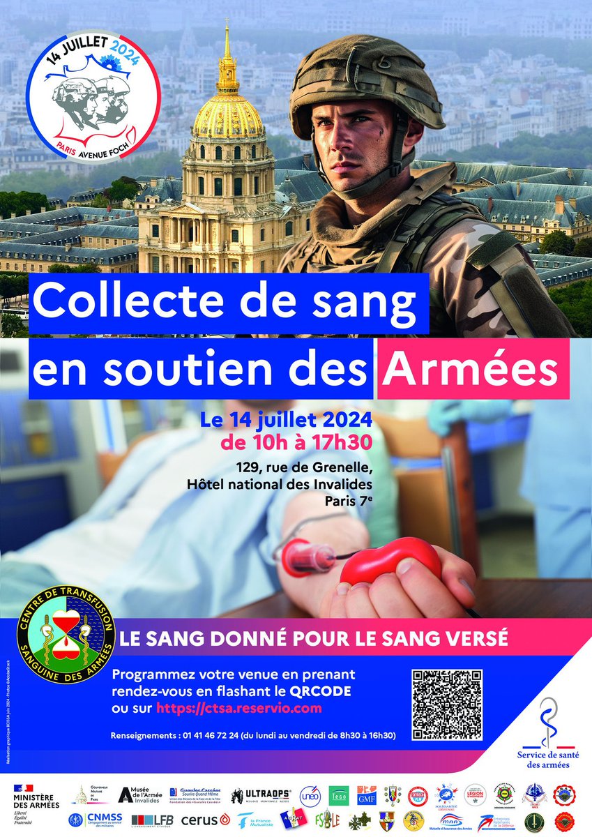 État-major de zone de défense de Paris (@zds_paris) on Twitter photo Le 14 Juillet de 10h à 19h à l’Hôtel national des Invalides.
Venez découvrir plus de 60 innovations, des blindés, un AlphaJet, une embarcation commando, de nombreux stands et des animations !
Sans oublier la collecte de sang au profit de <a href="/santearmees/">SantéArmées</a>. Le 14 Juillet de 10h à 19h à l’Hôtel national des Invalides.
Venez découvrir plus de 60 innovations, des blindés, un AlphaJet, une embarcation commando, de nombreux stands et des animations !
Sans oublier la collecte de sang au profit de <a href="/santearmees/">SantéArmées</a>.