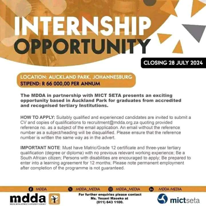 CarolBoitumelo1's tweet photo. The MDDA is looking for qualified individuals to join our internship team. 

Email your CV, copies of qualifications to recruitment@mdda.org.za quoting the reference number as a subject line of the email.

Closing Date 28 July 2024 https://t.co/iq8NbOoFiS