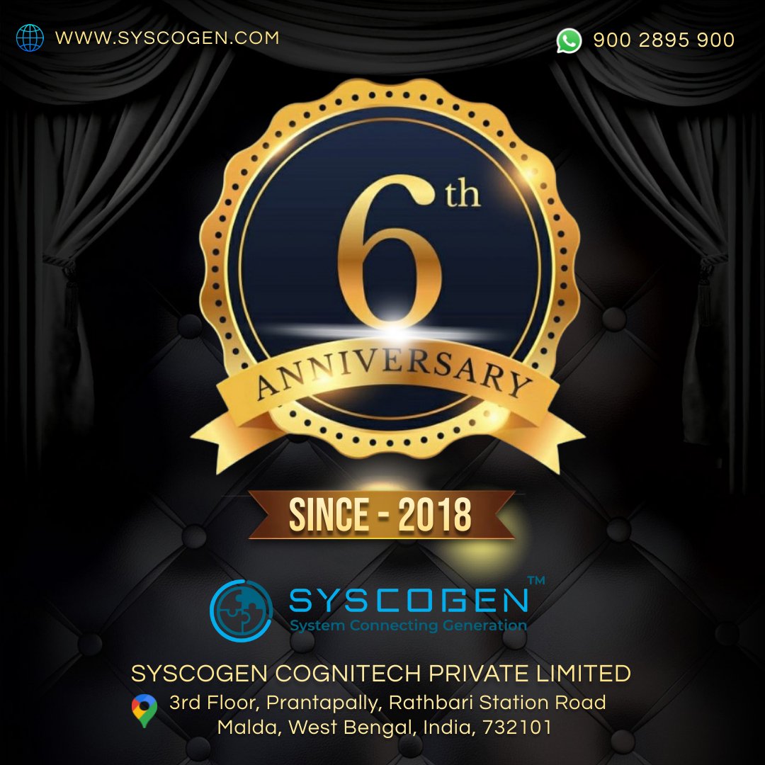 syscogen's tweet image. 🎉🎊 Happy #6thAnniversary, #Syscogen! 🎊🎉
We are thrilled to celebrate six incredible years of innovation, dedication, &amp;amp; success! A huge THANK YOU to our amazing team members, loyal clients, &amp;amp; supportive partners. Your trust &amp;amp; support have made this journey smooth &amp;amp; rewarding.