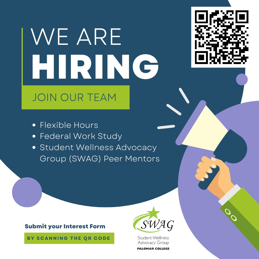 pchealthcenters's tweet photo. Are you passionate about mental health and wellness? 
Our Health Promotion team is seeking SWAG Peer Mentors to assist with health education. Scan the QR code or click the link below to complete our Interest Form:
https://t.co/mXxGEplr8W

#SWAG #HealthPromotion #PalomarCollege https://t.co/A1a7zbaFQg