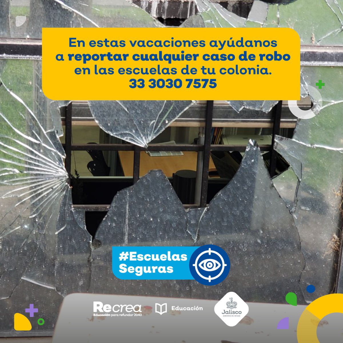 JCFloresMiramon's tweet photo. ¡Estemos atentos de nuestras escuelas durante estas vacaciones y sigamos cuidándolas! Si ven situaciones sospechosas como actos de vandalismo o robos, repórtenlas al 33 3030 7575. Su colaboración es clave para proteger nuestros planteles. https://t.co/unJdqrpUm6