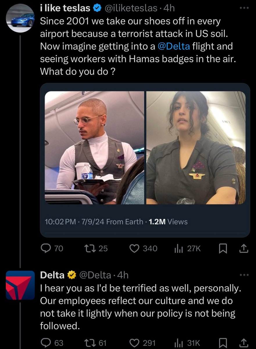 delta airlines agreeing with a fascist calling one of their own employees a terrorist for wearing a palestine pin.  deeply evil behavior