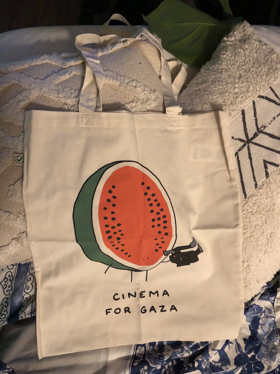 Finally my <a href="/Cinema4Gaza/">Cinema For Gaza</a> tote bag has arrived. It’s beautiful. 🍉 🎬🇵🇸❤️