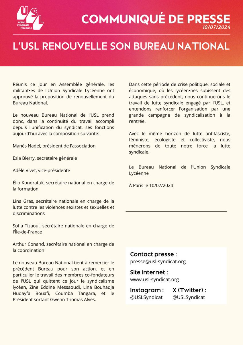 🟥 L'USL renouvelle son Bureau National

Réunis ce jour en Assemblée générale, les militant•es de l'Union Syndicale Lycéenne ont approuvé la proposition de renouvellement du Bureau National.

Après <a href="/gThomasAlves/">Gwenn Thomas-Alves</a>, <a href="/ManesNadel/">Manès Nadel</a> est élu président de l'USL.